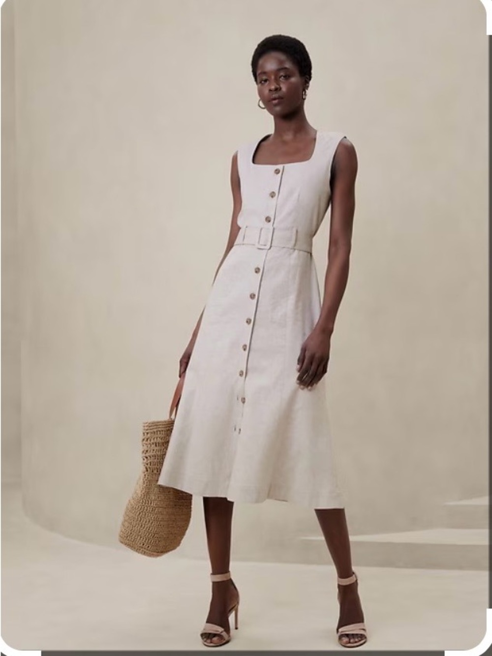 Banana Republic Beige Sleeveless Button-Front Midi Dress with Belt - Picture 5 of 5
